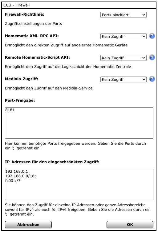 CCU Firewall konfigurieren